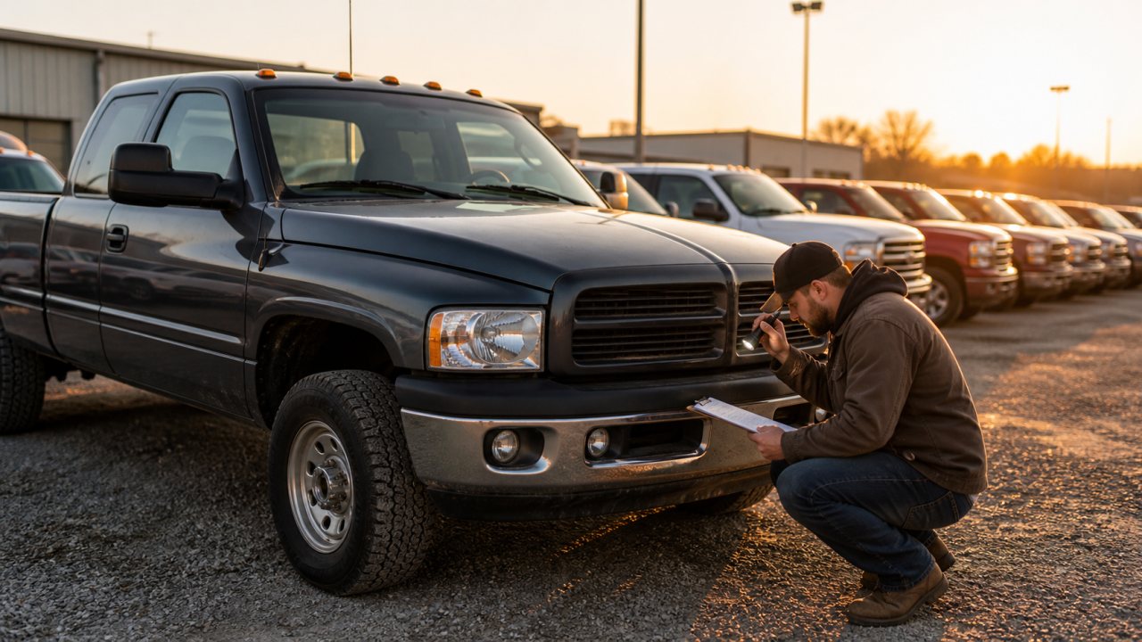 Buyer inspecting a used heavy-duty diesel pickup at a truck lot