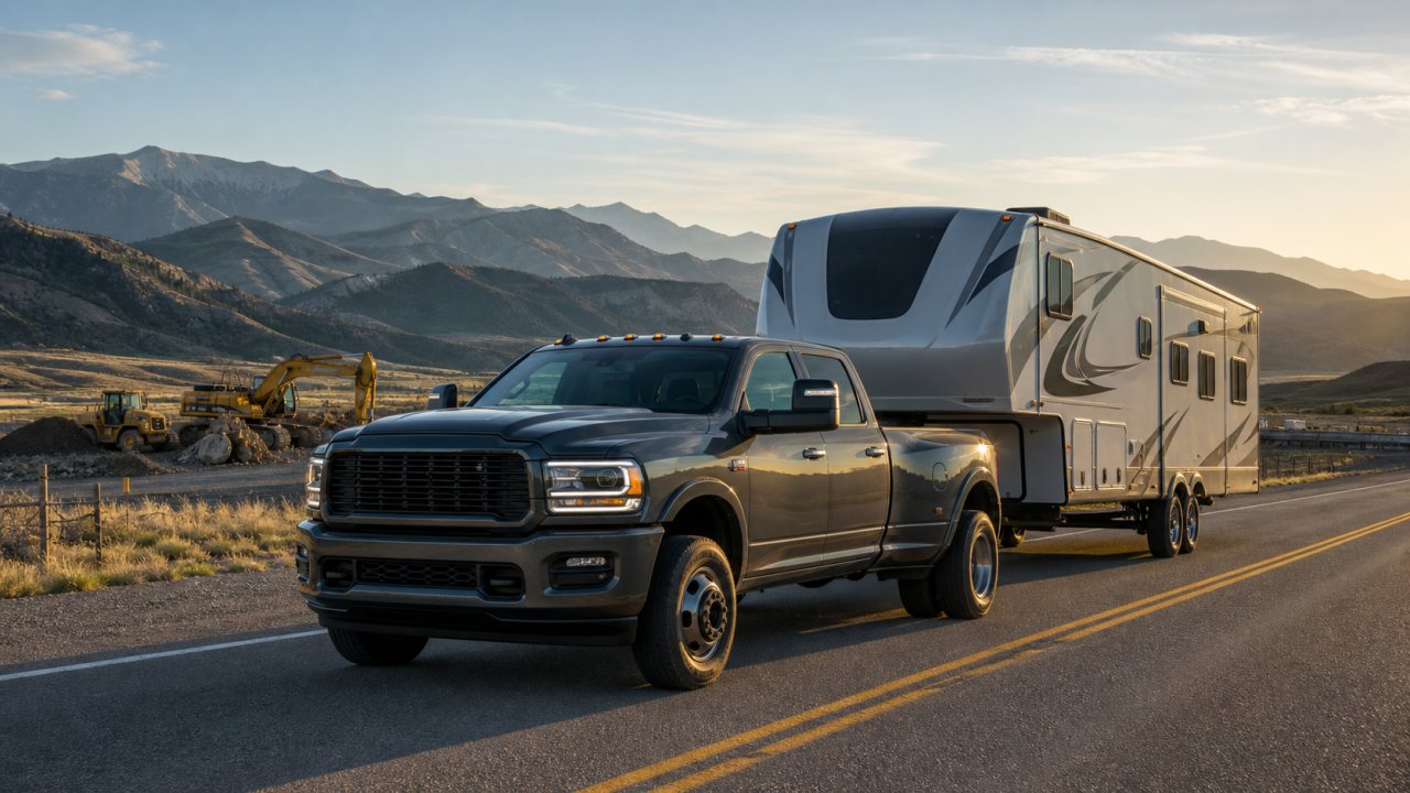Heavy-duty diesel pickup towing a fifth-wheel trailer on an open highway