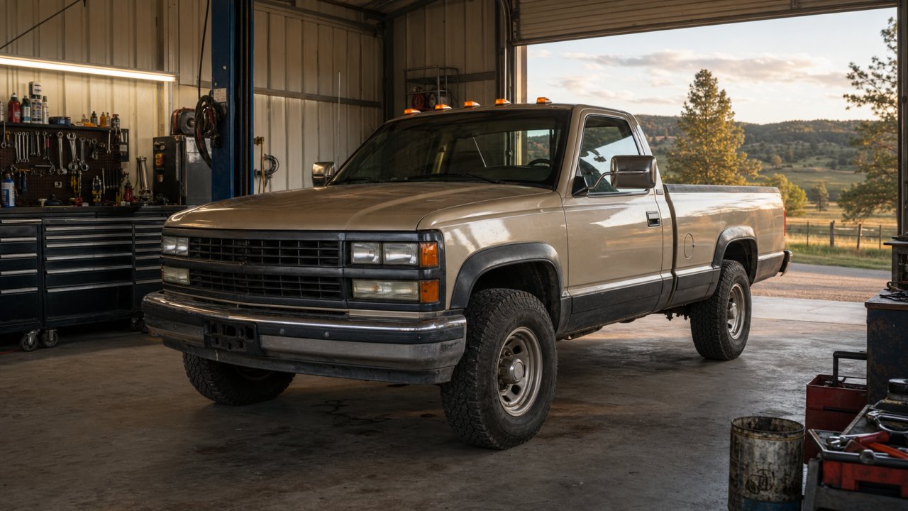 Older heavy-duty diesel pickup being inspected outside a diesel repair shop
