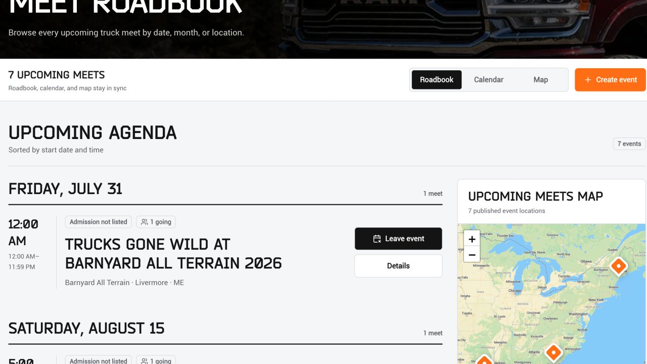 Badass Diesels Club Truck Meets Roadbook with a red Ram truck and event navigation