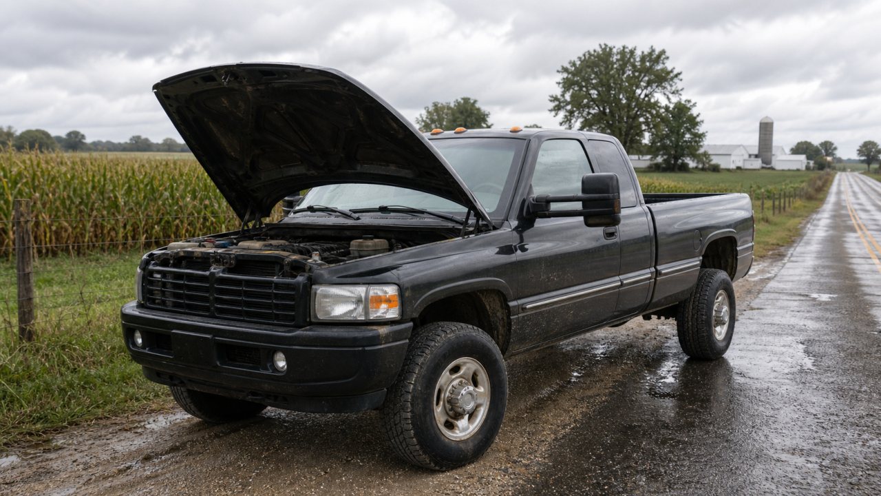 Older long-bed heavy-duty diesel pickup parked on a rural road during inspection