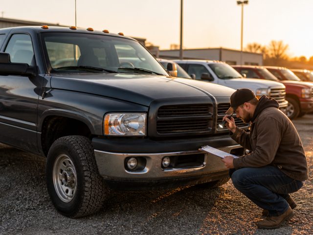 Buyer inspecting a used heavy-duty diesel pickup at a truck lot