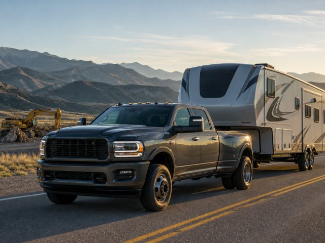 Heavy-duty diesel pickup towing a fifth-wheel trailer on an open highway
