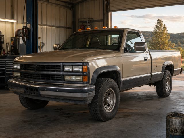 Older heavy-duty diesel pickup being inspected outside a diesel repair shop