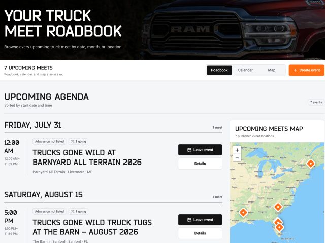 Badass Diesels Club Truck Meets Roadbook with a red Ram truck and event navigation