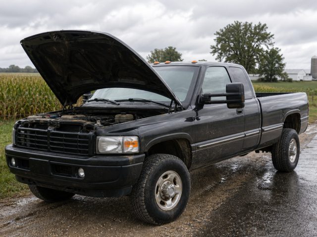 Older long-bed heavy-duty diesel pickup parked on a rural road during inspection