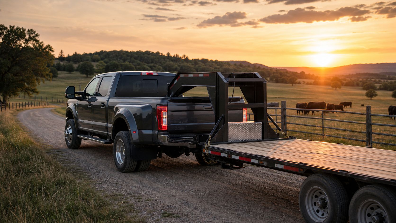 Heavy-duty dually diesel pickup towing a gooseneck trailer on a ranch road