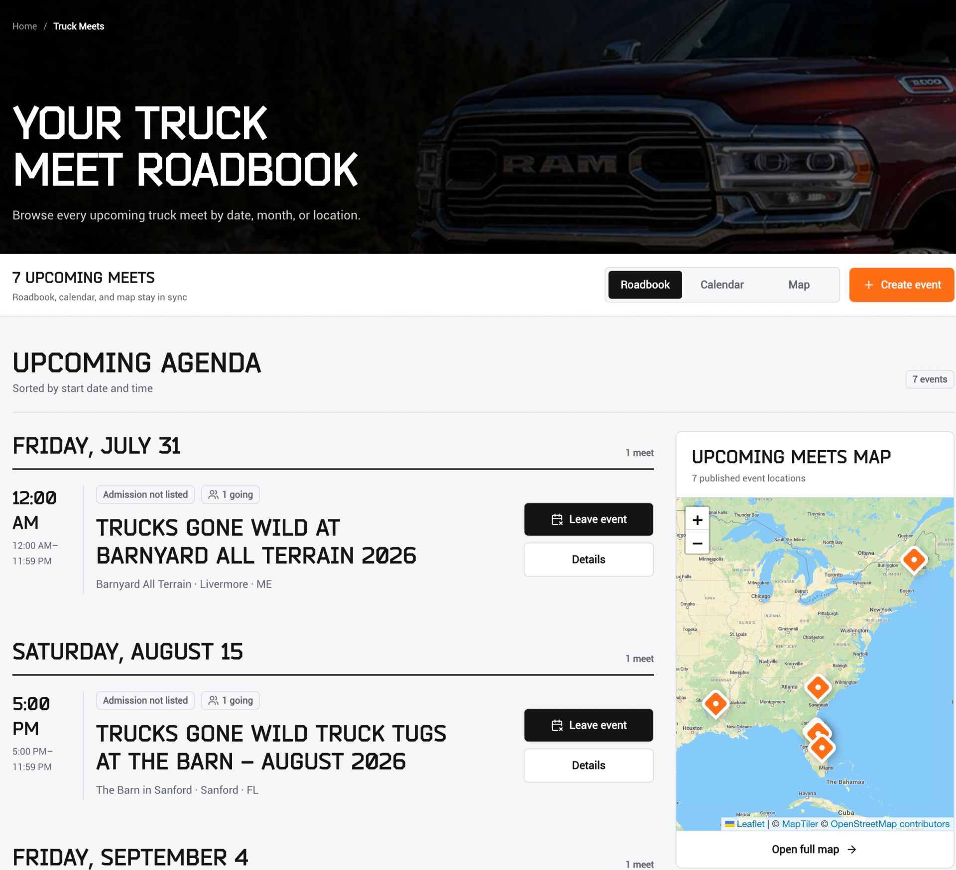 Badass Diesels Club Truck Meets Roadbook with a red Ram truck and event navigation