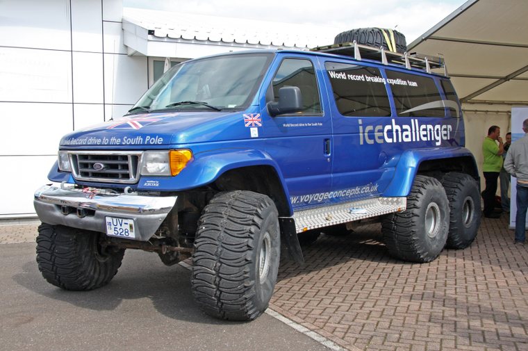 Six-wheel Ford E-350 expedition vehicle powered by a 7.3-liter turbo-diesel V8